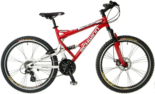 Red Schwinn Protocol 1.0 full-suspension mountain bike shown from the drivetrain side.