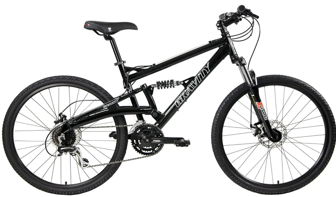 Black Gravity FSX 1.0 full-suspension mountain bike shown from the drivetrain side.