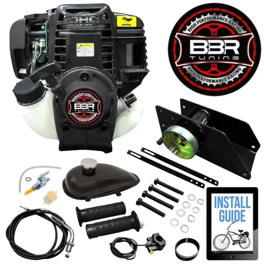 BBR Tuning 38cc four-stroke engine, rear friction-drive mount, fuel parts, controls, hardware, and installation guide