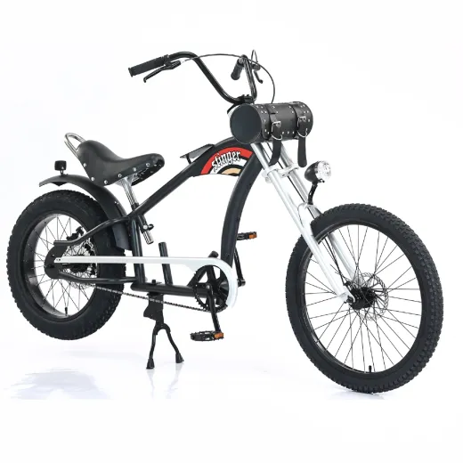 Black BBR Tuning Stinger mini chopper bicycle with triple-tree fork, wide rear tire, disc brakes, headlight, and motor-ready frame
