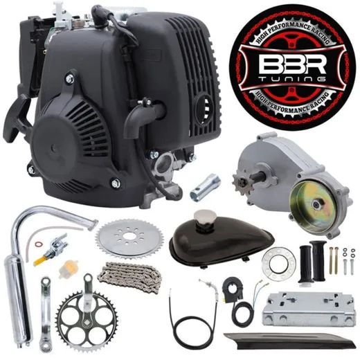 BBR Tuning 49cc 5G pull-start engine, transfer case, fuel tank, chain, sprockets, exhaust, controls, and mounting parts