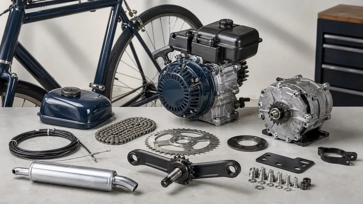 Generic four-stroke bicycle engine, gearbox, tank, chain, and mounting components on a workbench