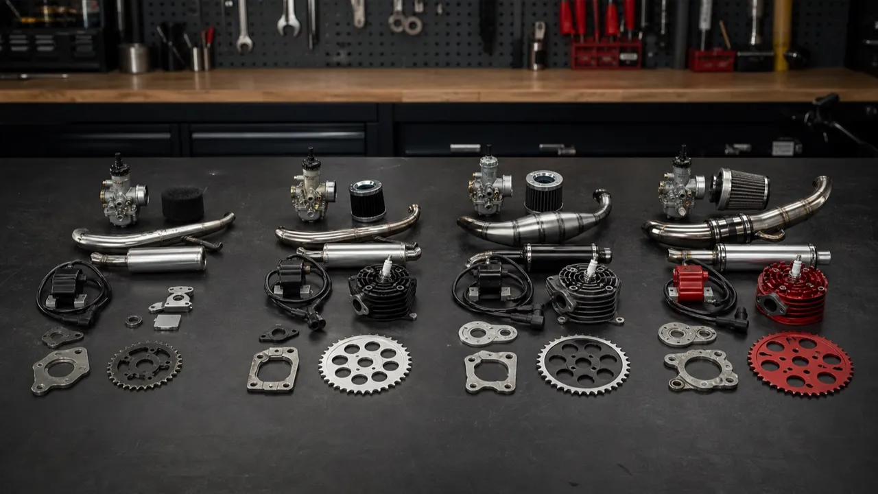 Four groups of generic motorized bicycle upgrade parts on a workbench
