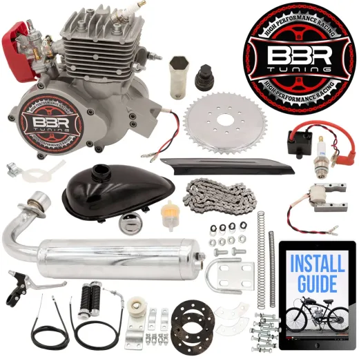 BBR Tuning V1 80/100cc engine kit with silver engine and included fuel, exhaust, drive, ignition, and mounting parts