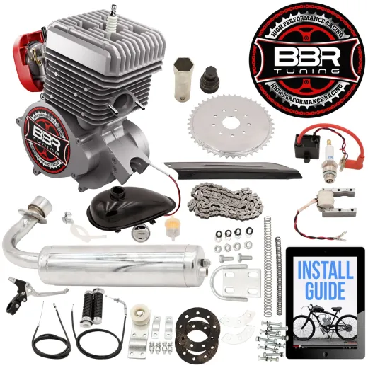 BBR Tuning V2 80/100cc engine kit with silver engine and included fuel, exhaust, drive, ignition, and mounting parts