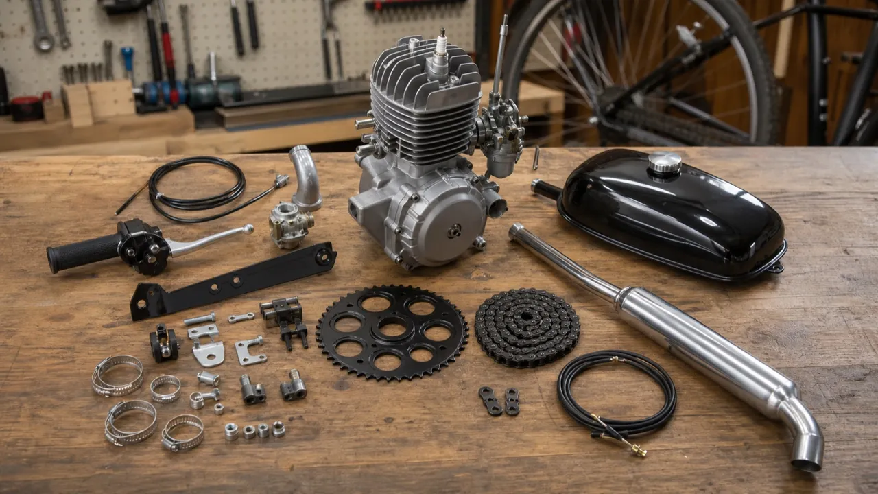 Generic two-stroke bicycle engine conversion parts arranged on a workbench