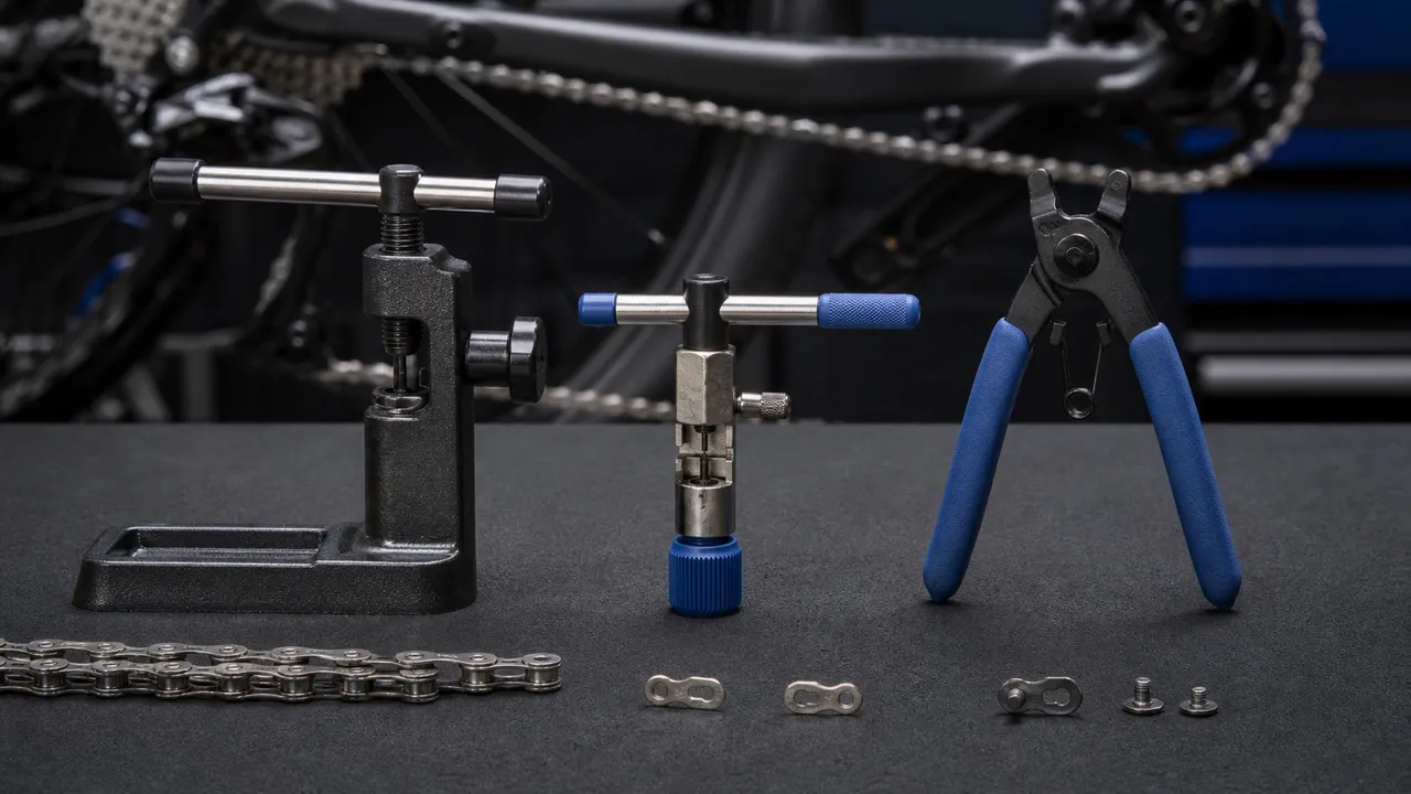 Bench and compact bicycle chain breakers beside master-link pliers and a bicycle chain