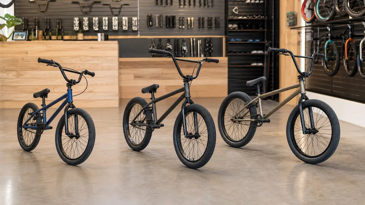 Three beginner BMX bicycles with different frame sizes in a clean bike shop