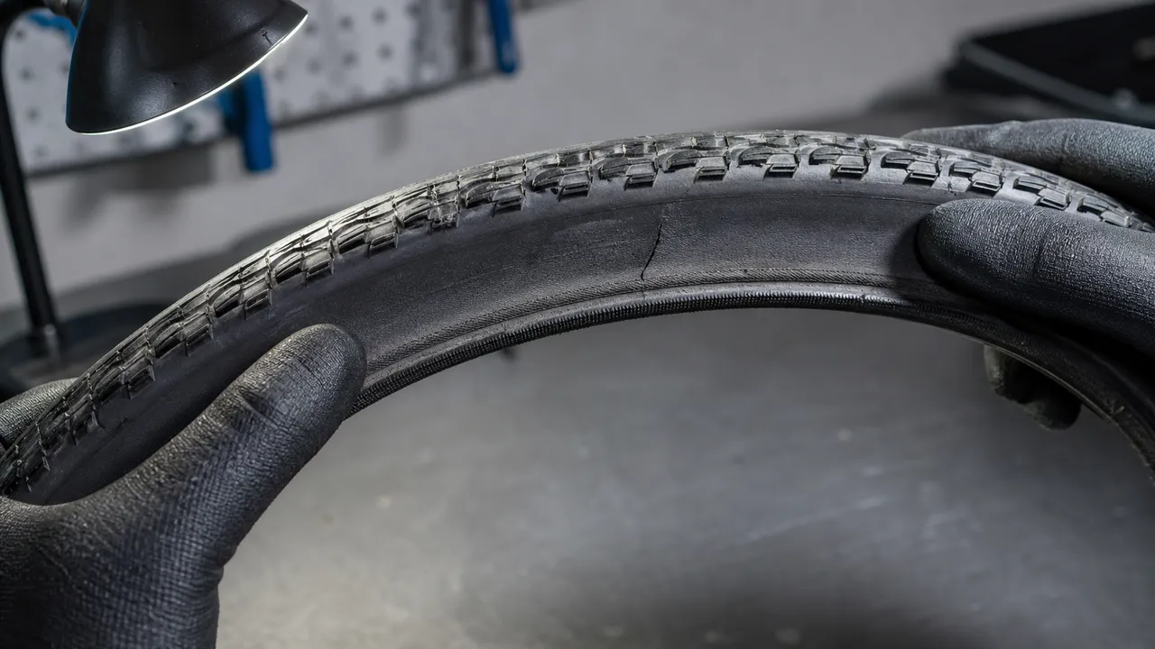 Gloved mechanic inspecting a cut in the sidewall of a bicycle tire