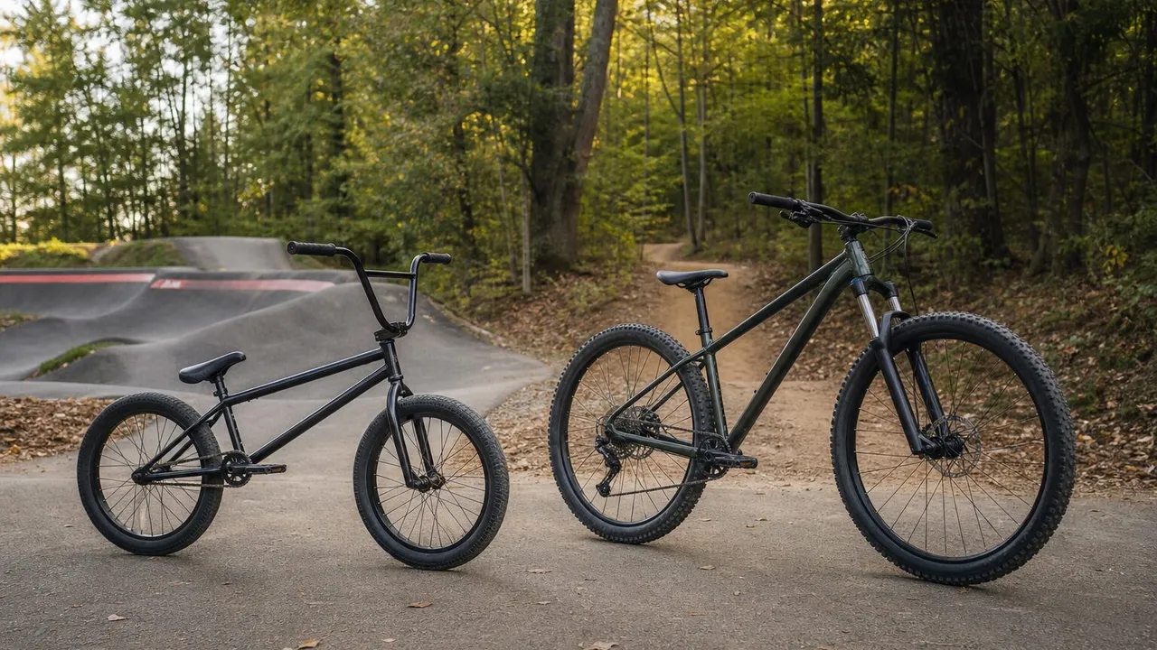 A BMX bike and hardtail mountain bike beside a pump track and forest trail