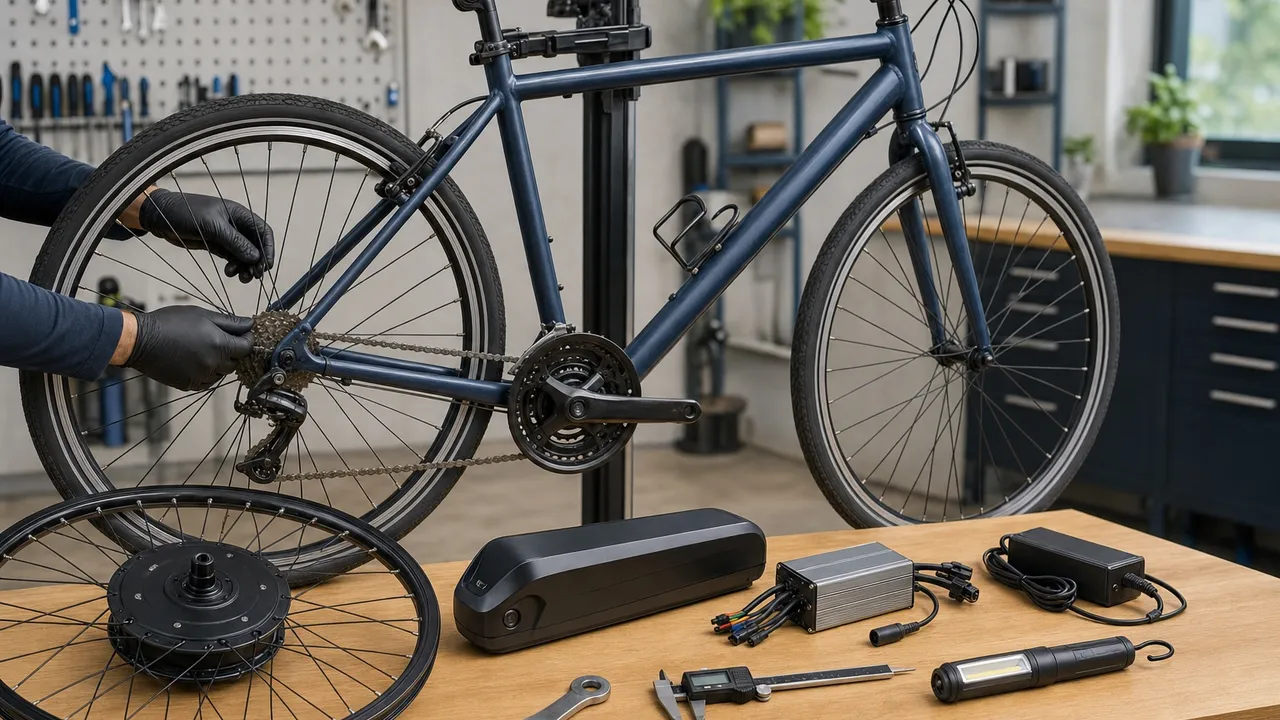Commuter bicycle inspected beside a hub wheel, battery, controller, charger, torque arm, and measuring tools