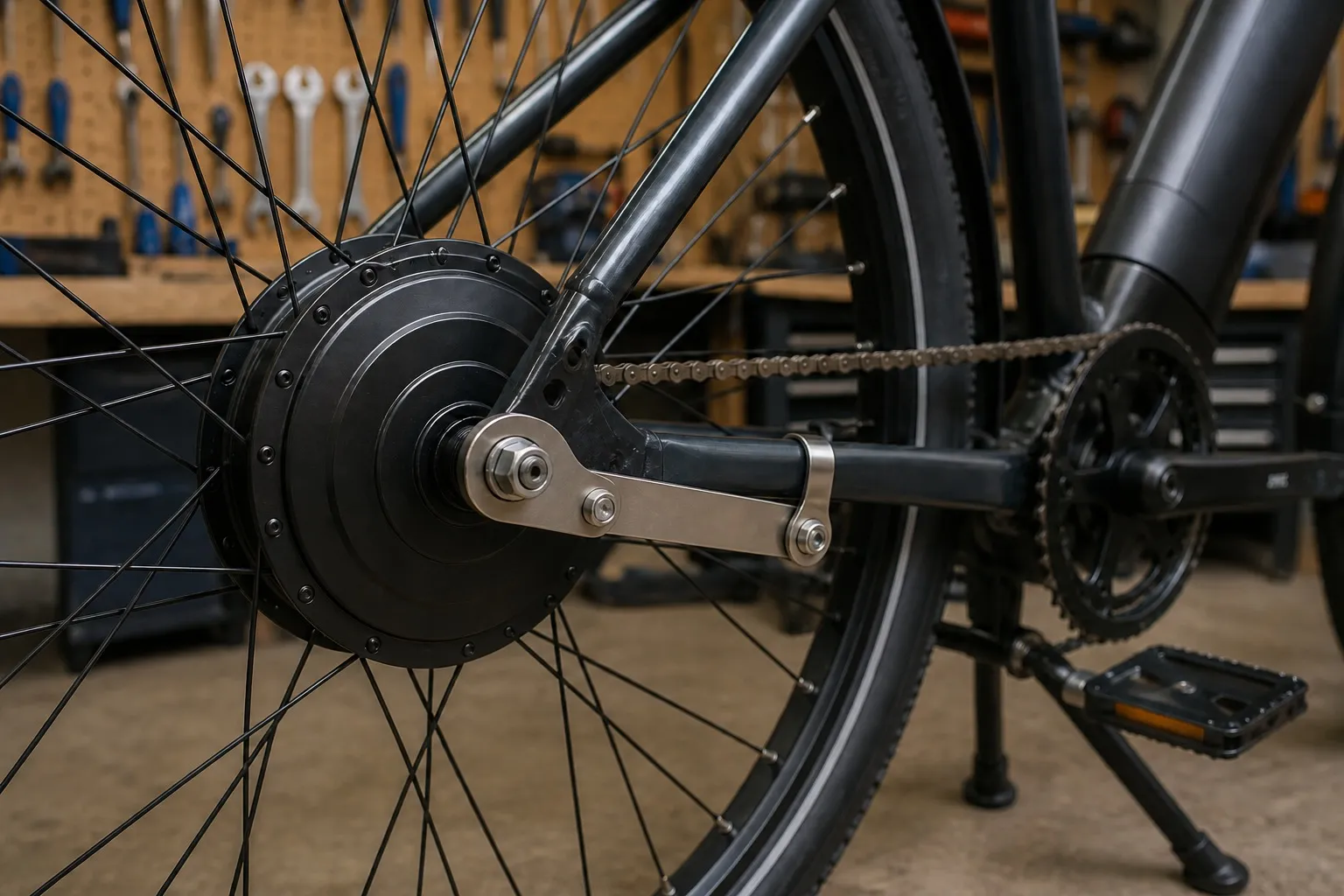 Unbranded rear hub motor axle and torque arm secured at a bicycle dropout in a workshop