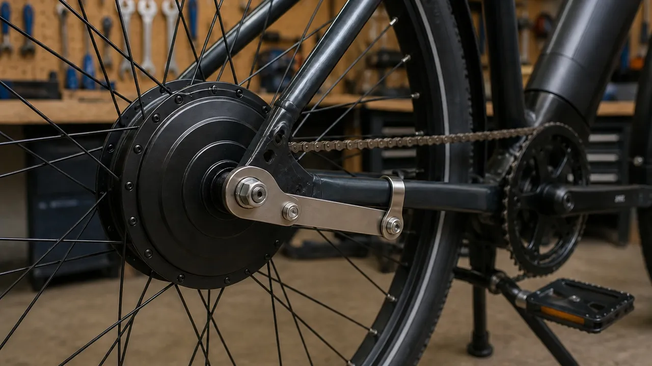 Unbranded rear hub motor axle and torque arm secured at a bicycle dropout in a workshop