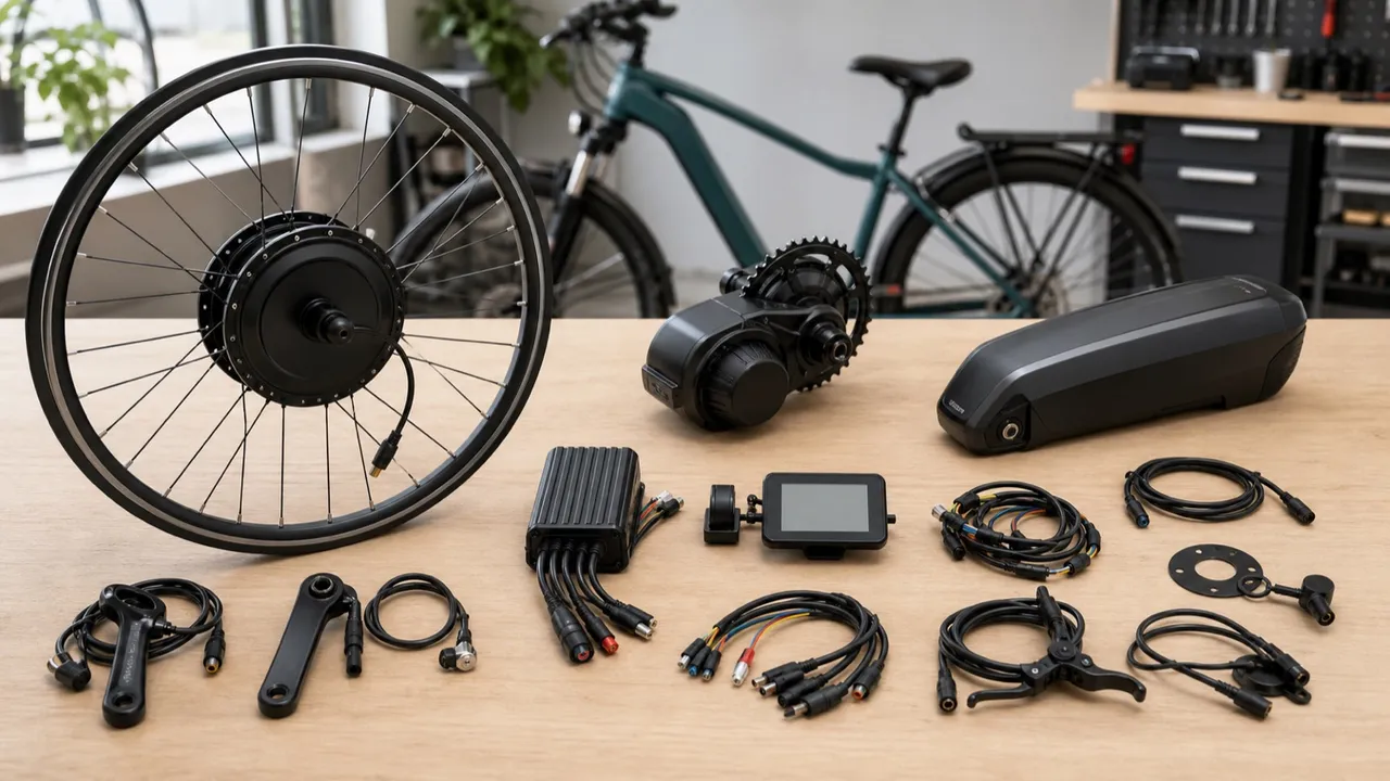 Generic electric bike conversion components arranged on a workshop bench