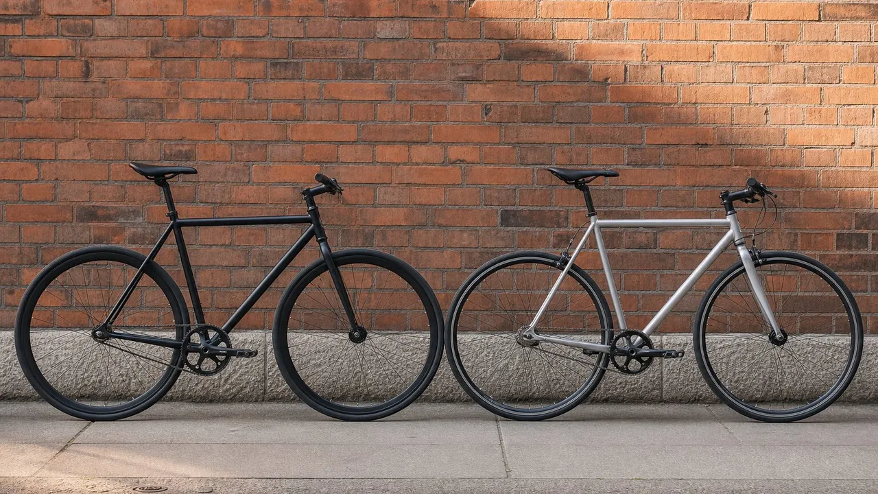 Minimal fixed-gear and single-speed bicycles arranged beside a brick wall