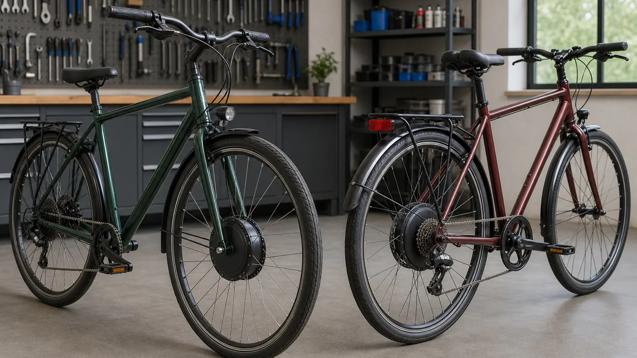 Front-hub and rear-hub electric bicycle conversions displayed in a workshop