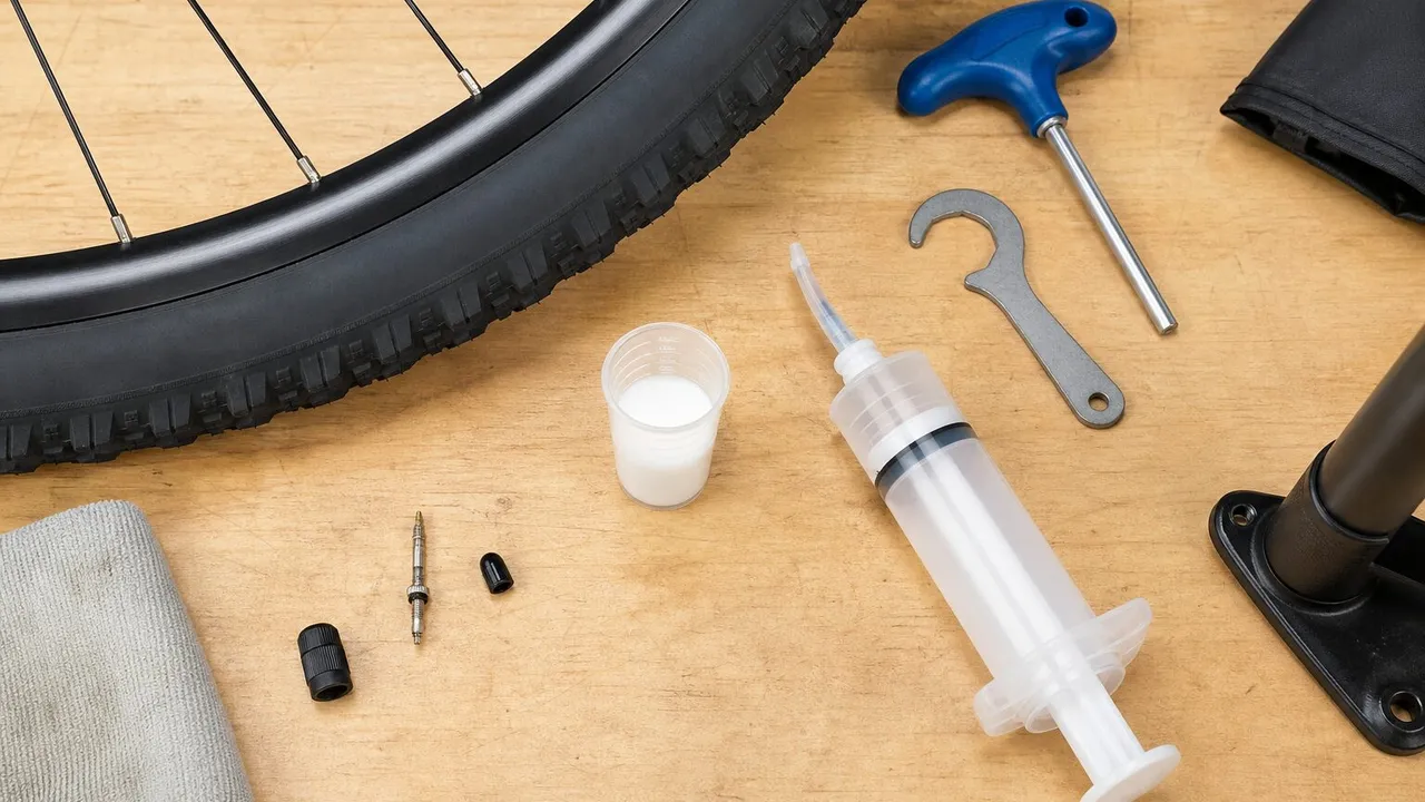 Tubeless tire, sealant injector, valve core, and measuring cup on a bicycle workbench
