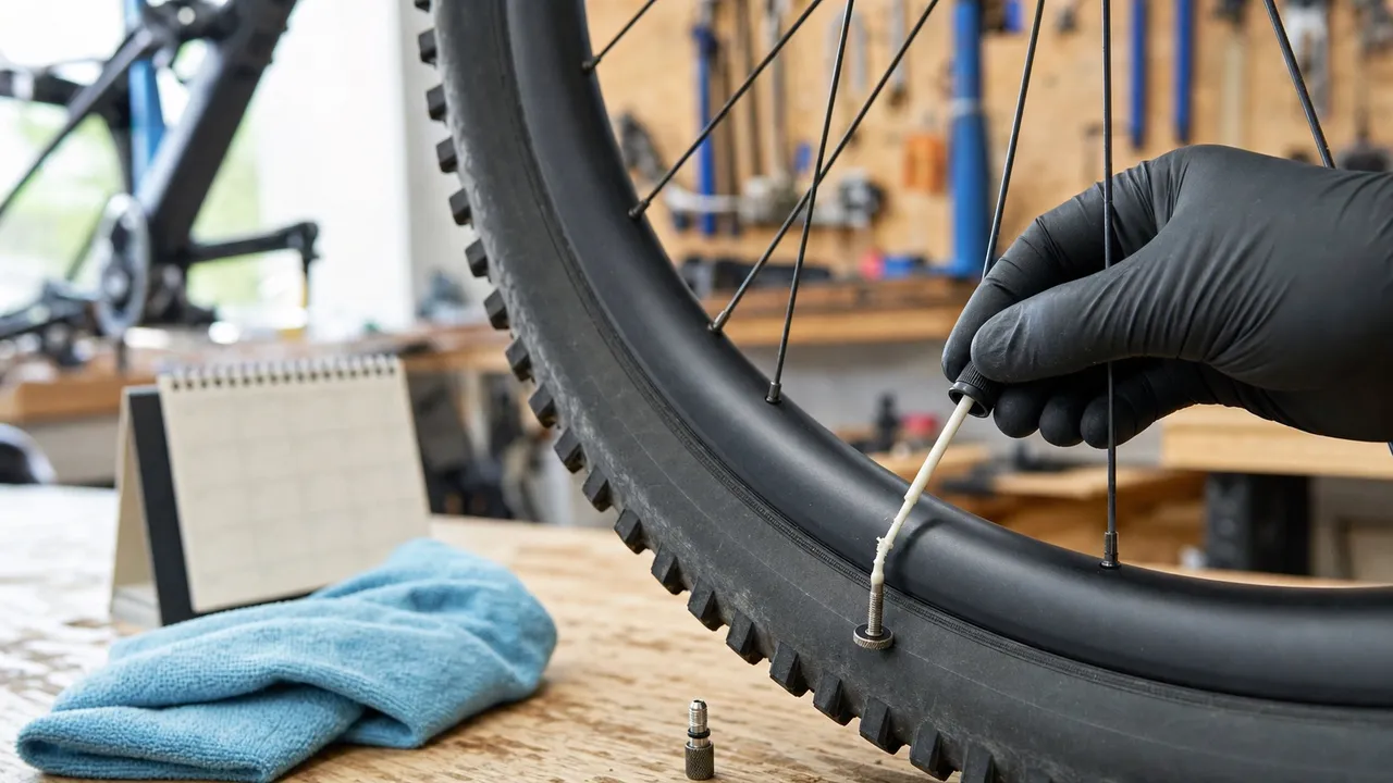 Gloved hand checking sealant through a mountain bike tubeless valve