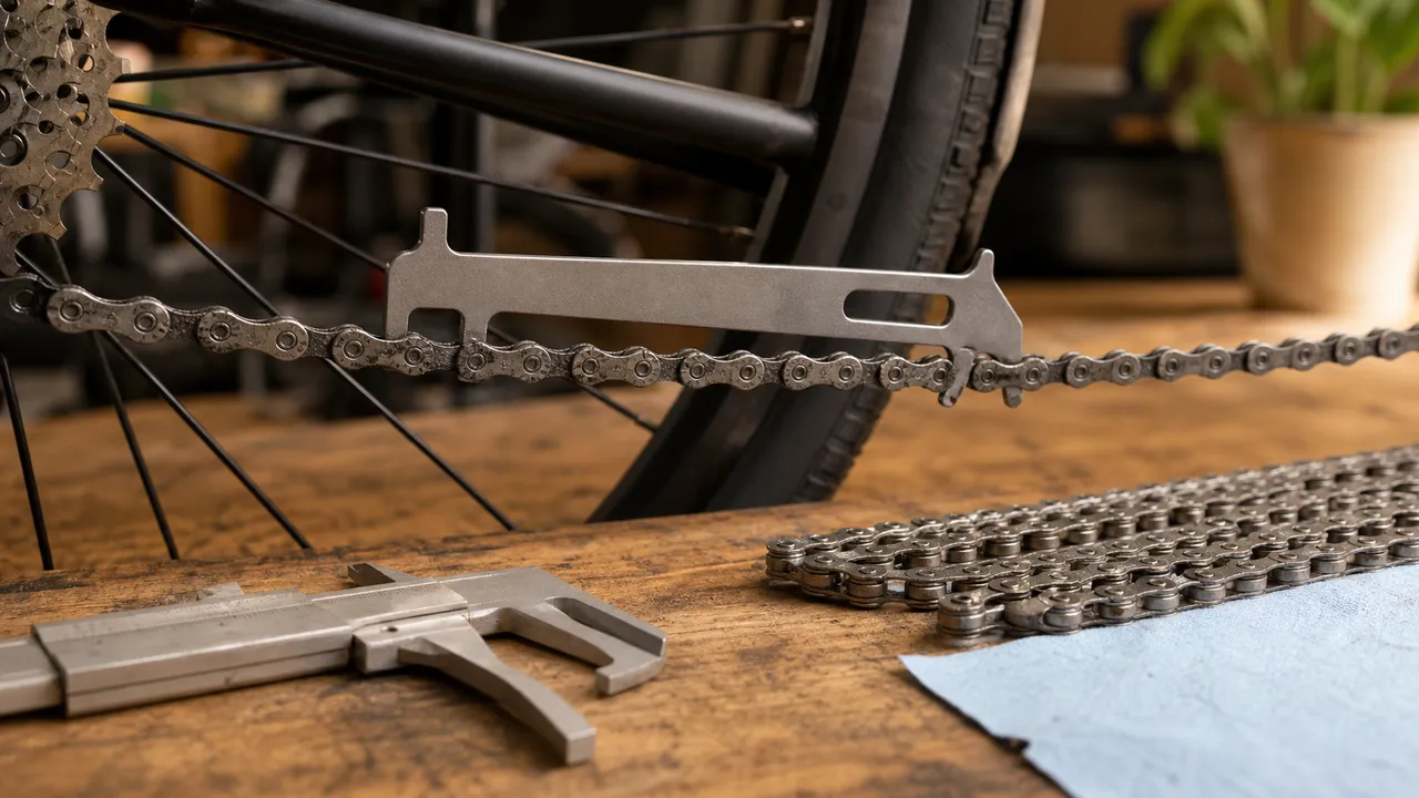 Chain wear gauge placed in a bicycle chain on a workshop bench