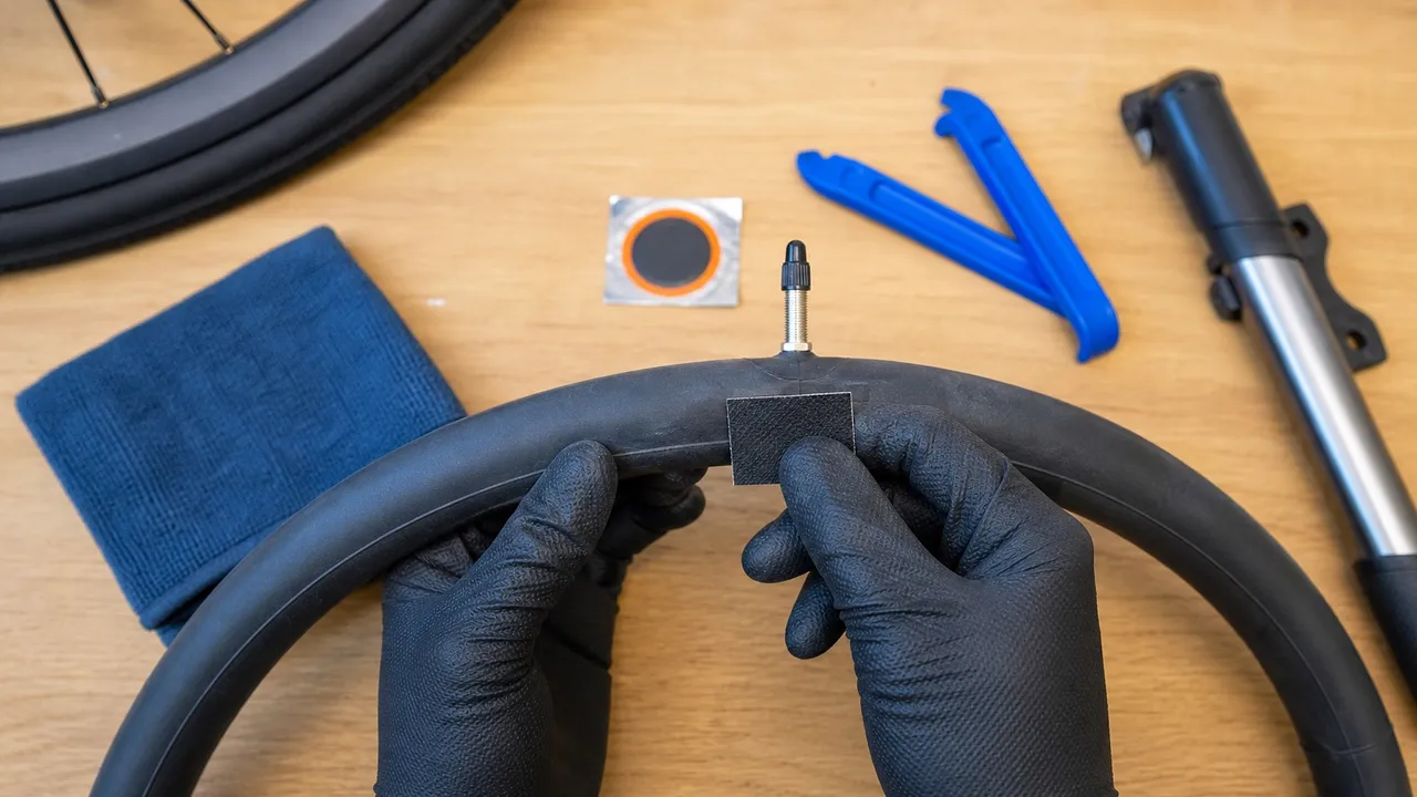 Gloved hands applying a patch to a bicycle inner tube on a workbench