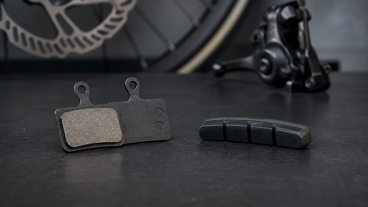 Illustrative unbranded rim and disc brake pads on a clean workbench.