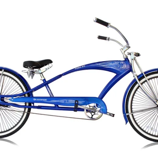 Blue Micargi Puma GTS long-frame chopper bicycle with springer fork, fenders, chain guard, and coaster-brake rear wheel