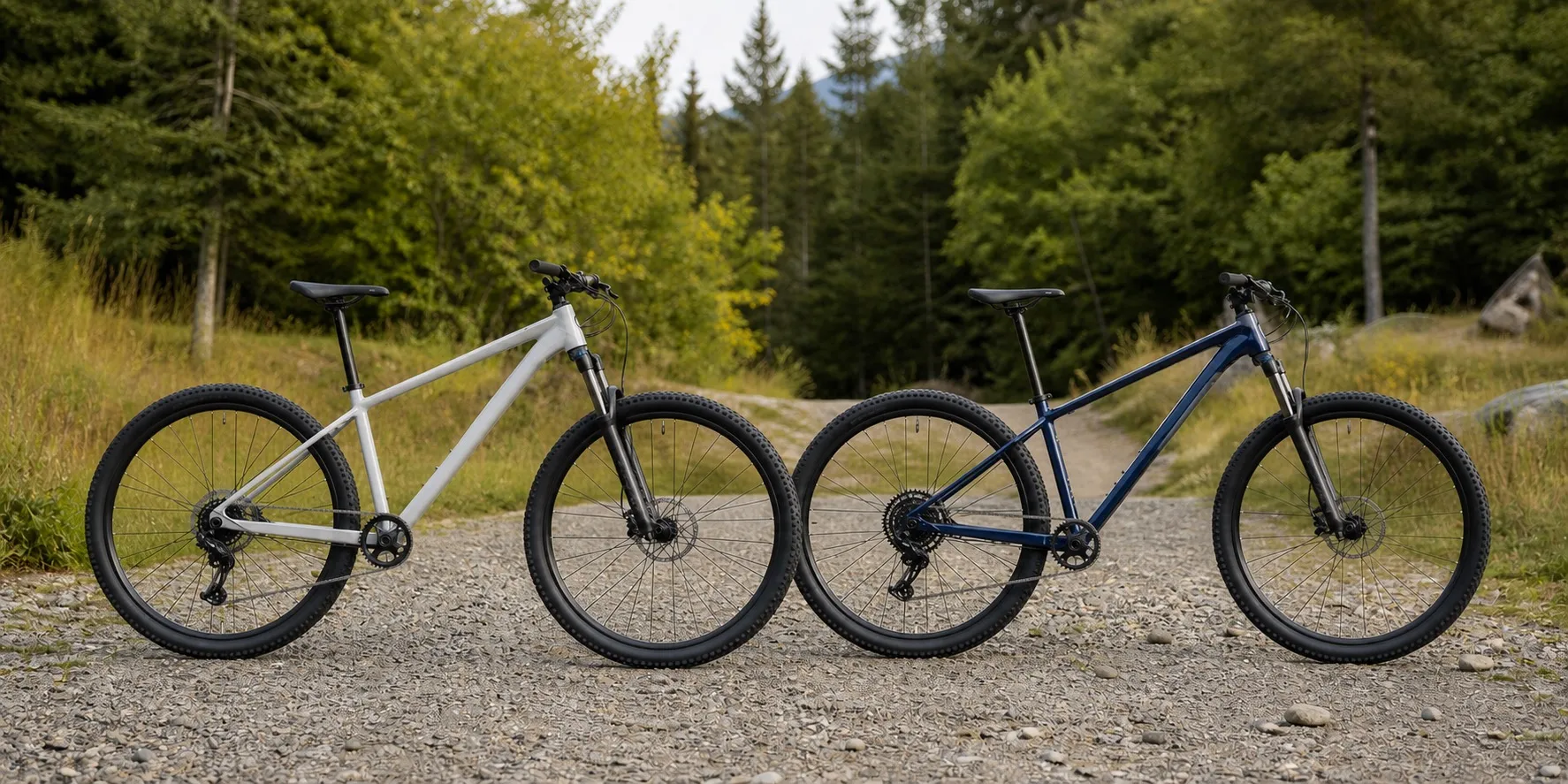 Two generic unbranded hardtail mountain bikes compared at a gravel trailhead