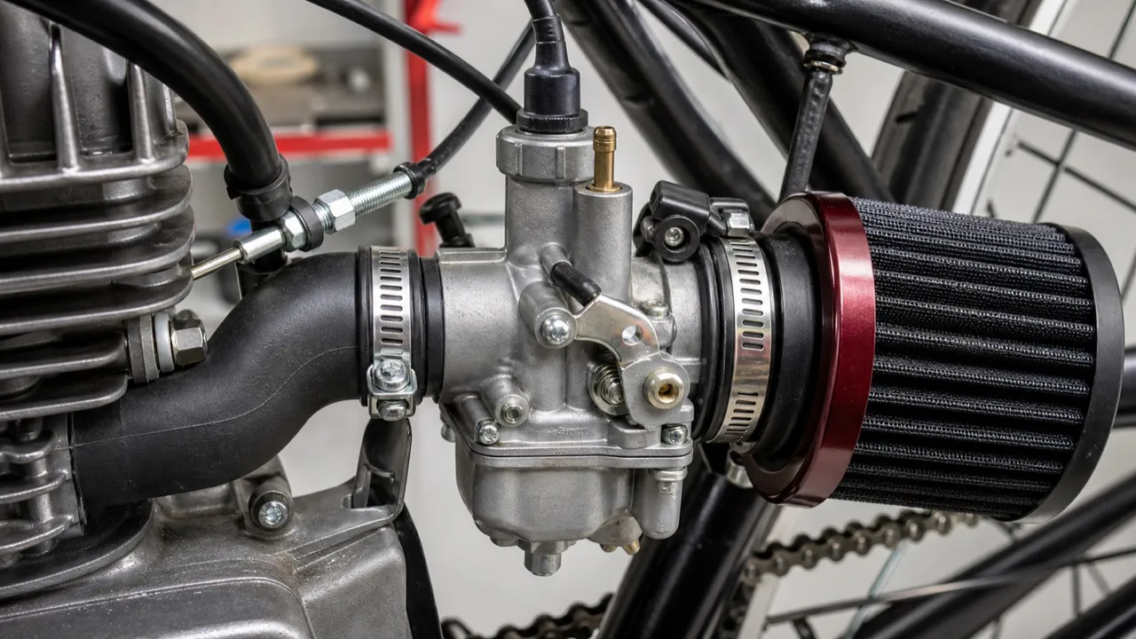 Generic carburetor installed on a small motorized bicycle engine