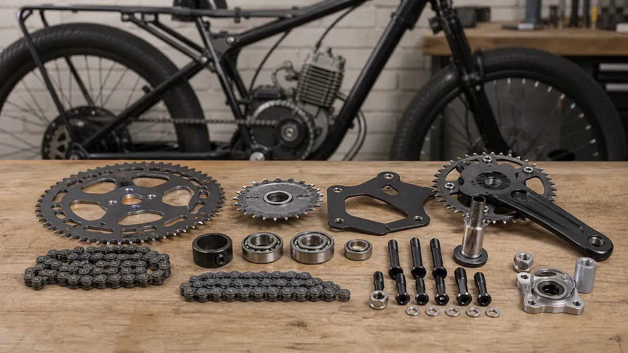 Unbranded jackshaft chainrings, bearings, chains, brackets, and crank parts arranged on a workshop bench