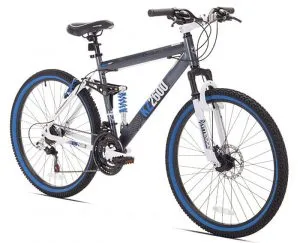 Black and white Kent KZ2600 dual-suspension mountain bike with blue tire sidewalls.