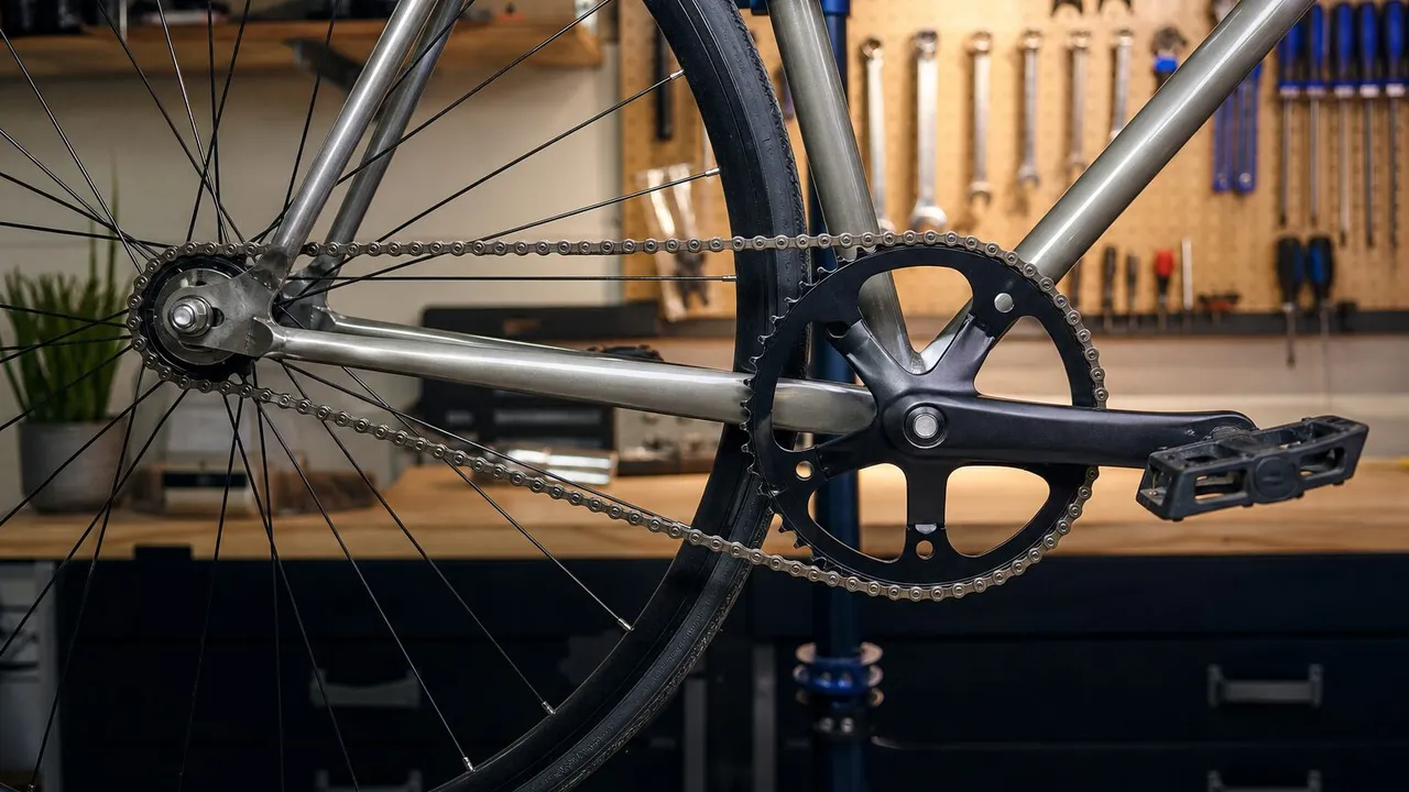 Close view of a single-speed bicycle chainring, chain, and rear cog