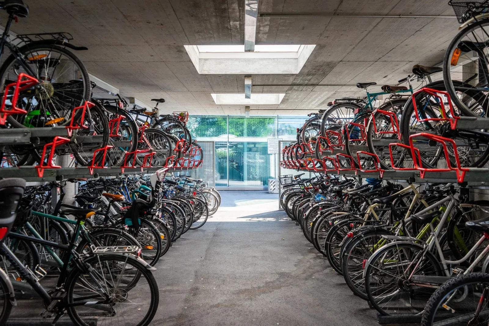 Bicycles parked in an indoor storage facility