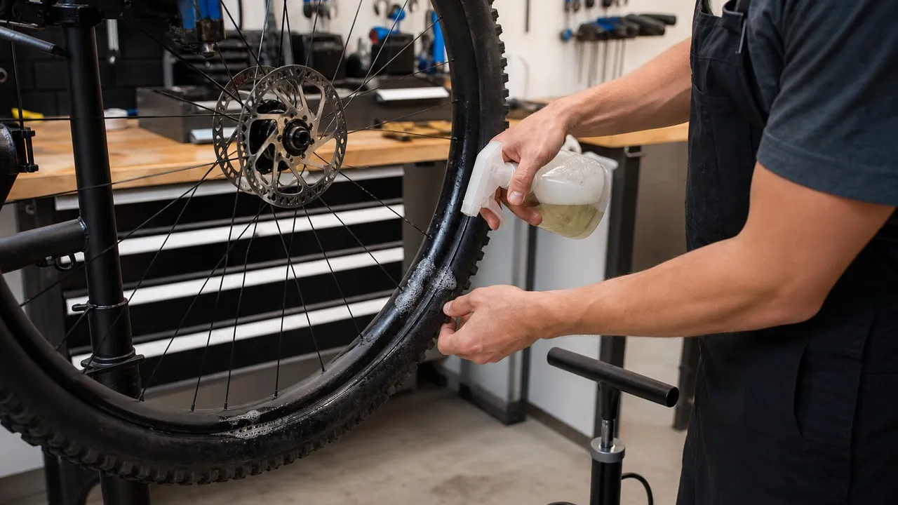 Mechanic using soapy water to locate a tubeless bicycle tire bead leak