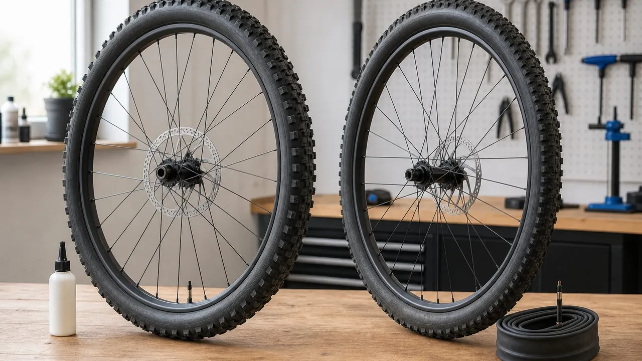 Two bicycle wheels with a sealant bottle and a coiled inner tube on a workshop bench