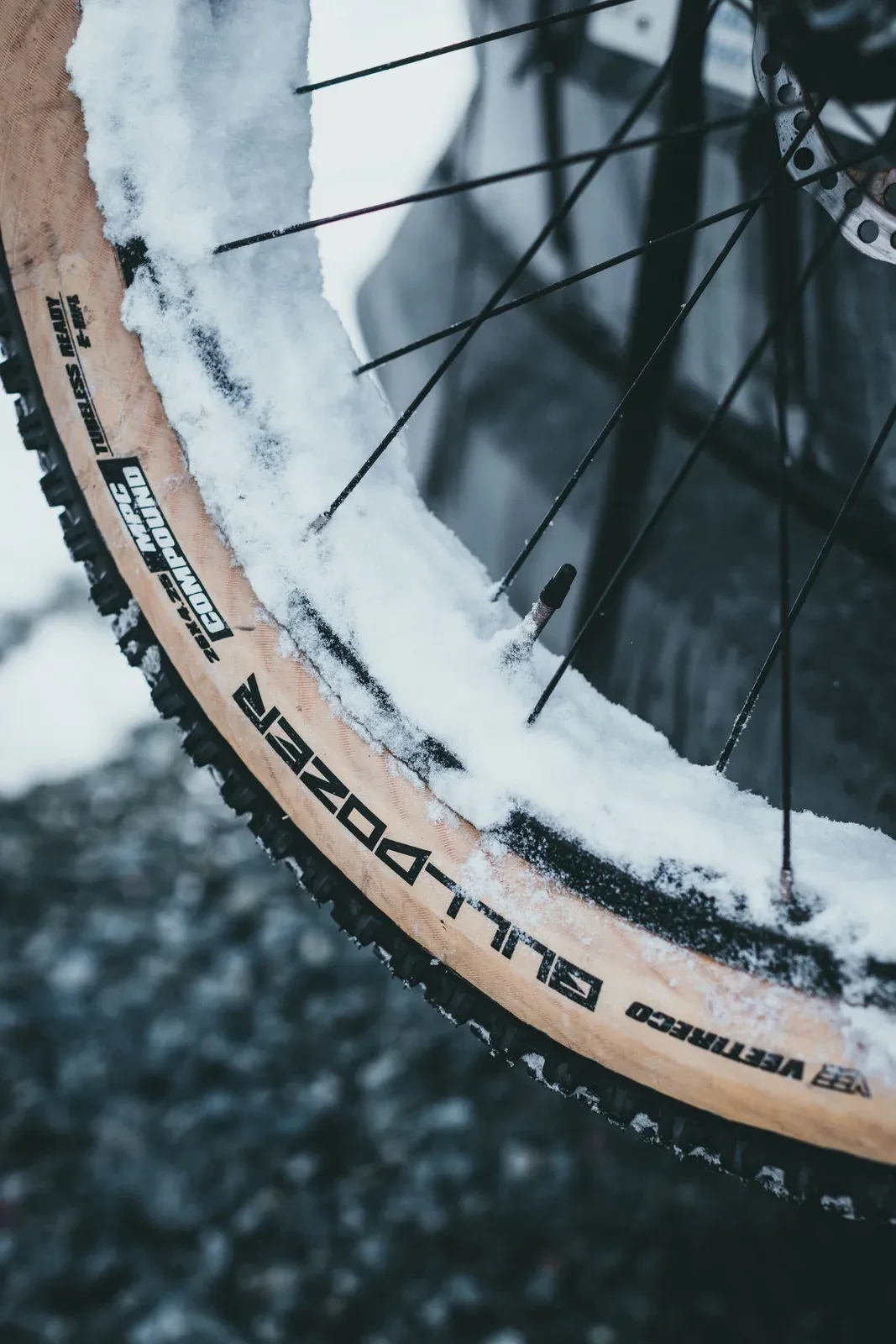 Bicycle tire and spokes with snow