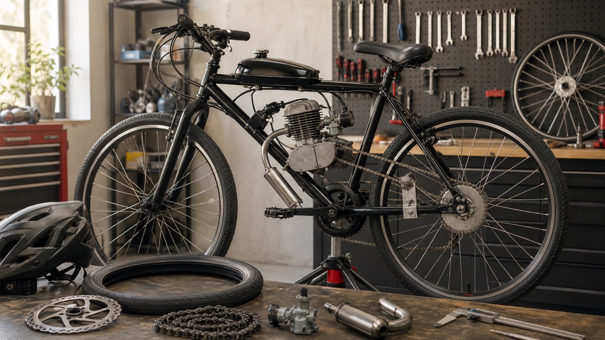 A generic motorized bicycle and its key conversion systems in a workshop